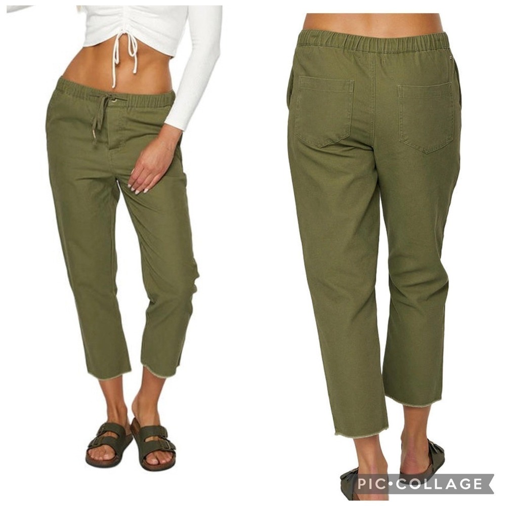 ONeill Salt Water Solid Pants Army Green XS Elastic Waist Raw Hem Straight Leg - Picture 8 of 11